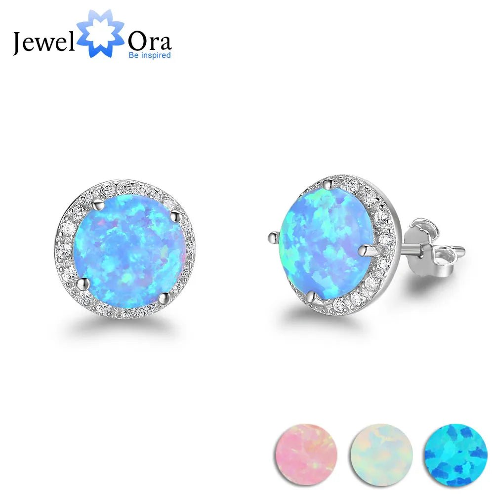 10mm Blue Opal Stone 925 Sterling Silver Stud Earrings Ocean Style Fashion Earrings for Women Gift for Her (Jewelora EA102018) - Gemtopia