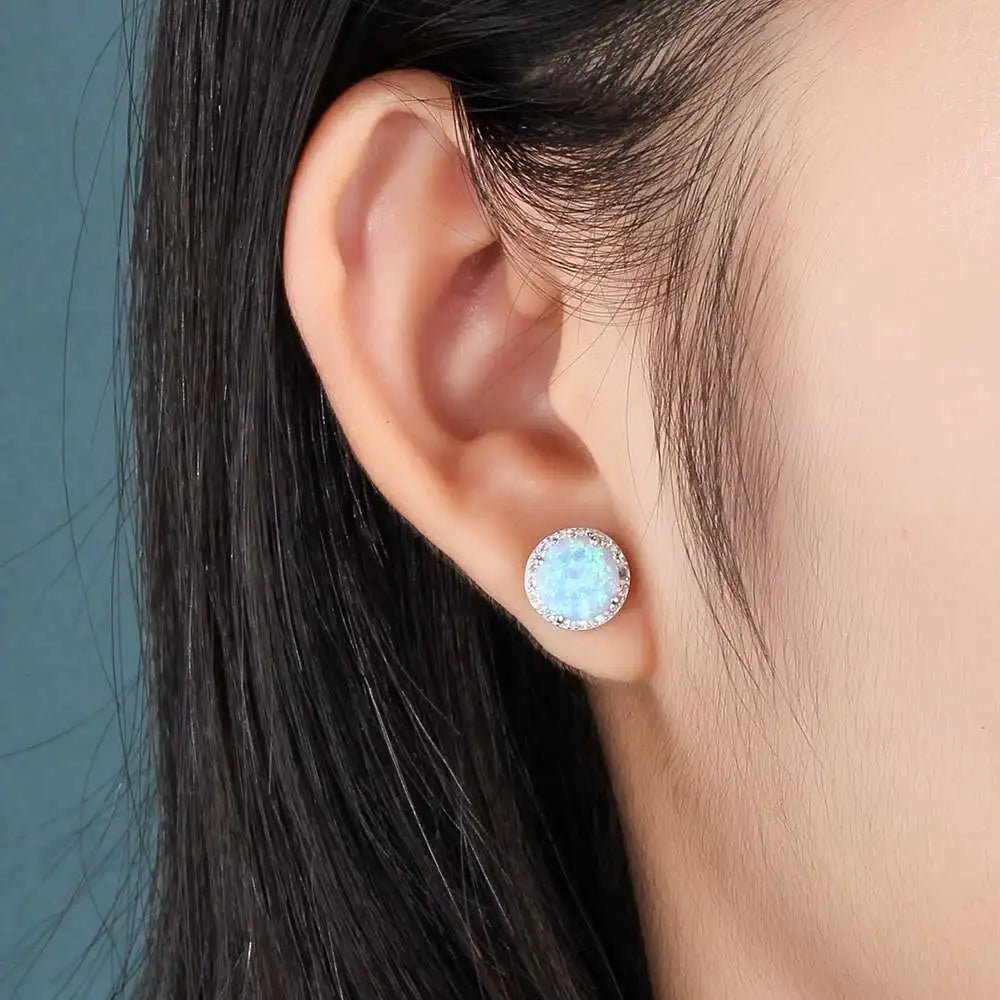 10mm Blue Opal Stone 925 Sterling Silver Stud Earrings Ocean Style Fashion Earrings for Women Gift for Her (Jewelora EA102018) - Gemtopia