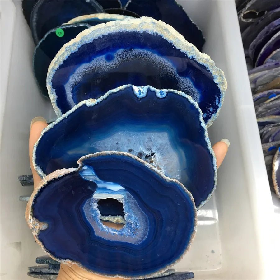 60 - 180mm Natural Agate Stone Slices Coaster Polished Blue Cluster Dessert Slab For Decoration - Gemtopia