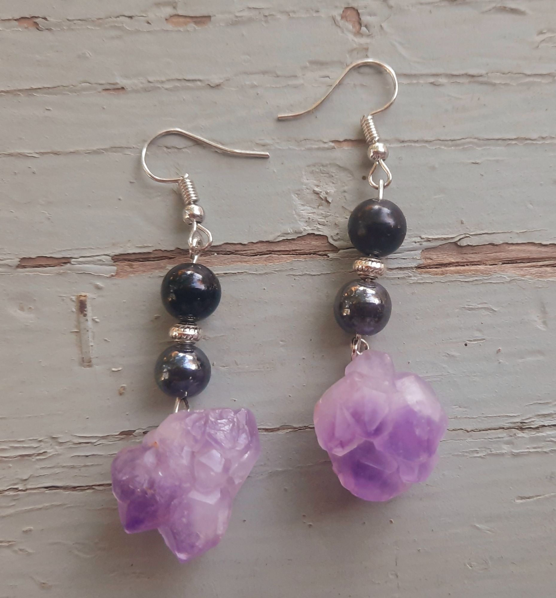 Amethyst Shungite Hematite Earrings Chunky - Gemtopia