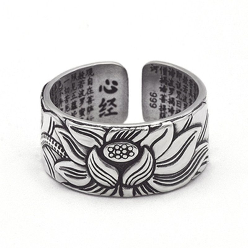 Buddhism Jewelry Like Vintage And Old Real Silver Plated Prajna Paramita Heart Sutra Lotus Ring - Gemtopia