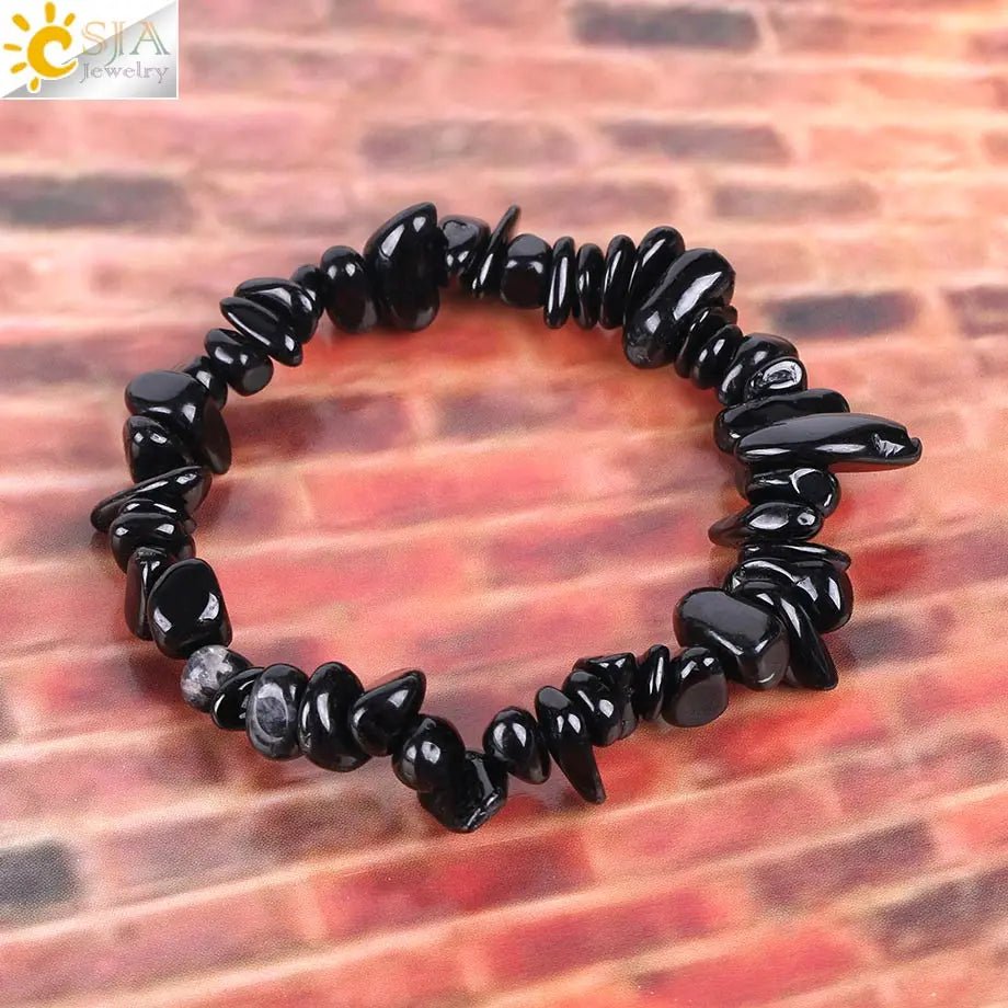 CSJA Black Tourmaline Bracelets for Women Crystal Bracelets Chip Beads Chakra Natural Gem Stone Reiki Healing Meditation E705 - Gemtopia