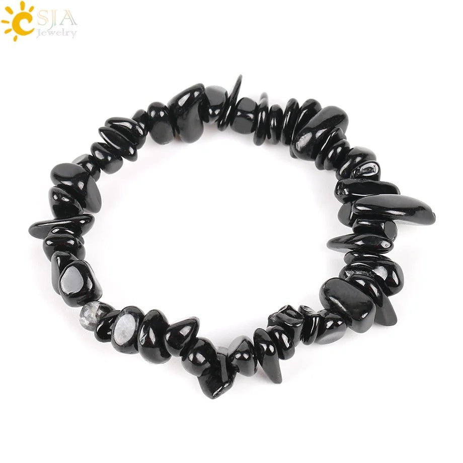 CSJA Black Tourmaline Bracelets for Women Crystal Bracelets Chip Beads Chakra Natural Gem Stone Reiki Healing Meditation E705 - Gemtopia