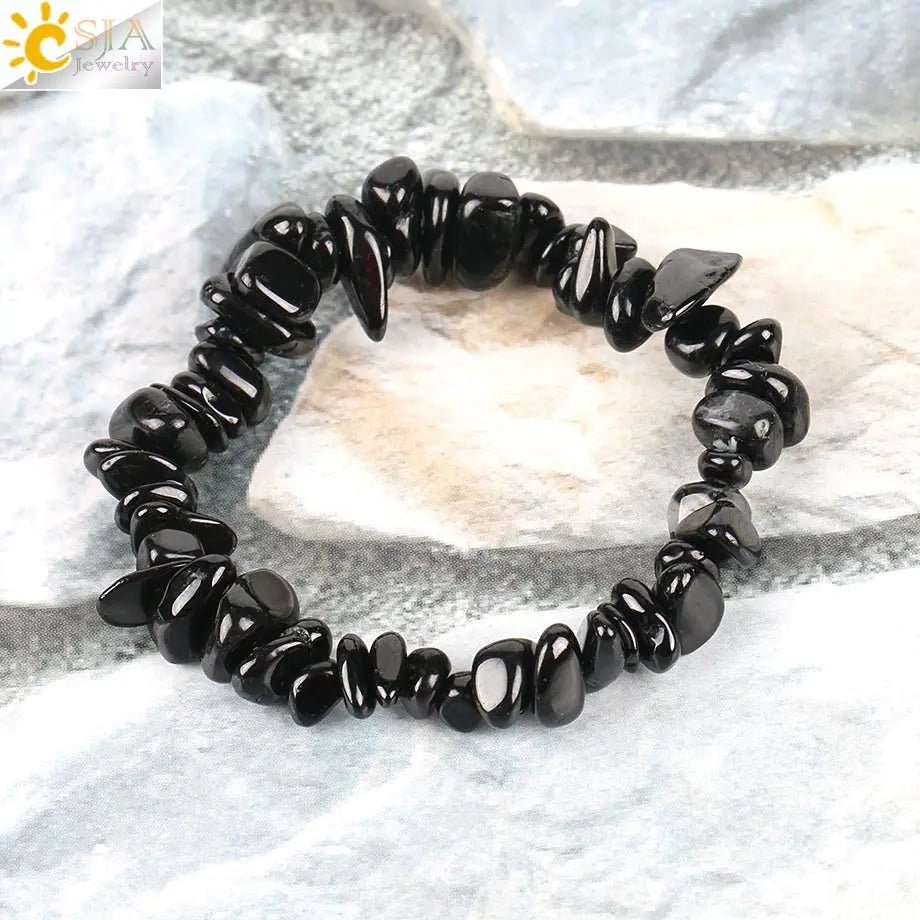 CSJA Black Tourmaline Bracelets for Women Crystal Bracelets Chip Beads Chakra Natural Gem Stone Reiki Healing Meditation E705 - Gemtopia