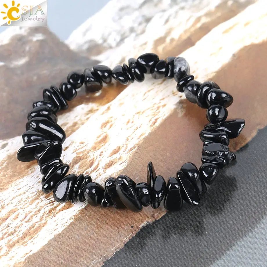 CSJA Black Tourmaline Bracelets for Women Crystal Bracelets Chip Beads Chakra Natural Gem Stone Reiki Healing Meditation E705 - Gemtopia