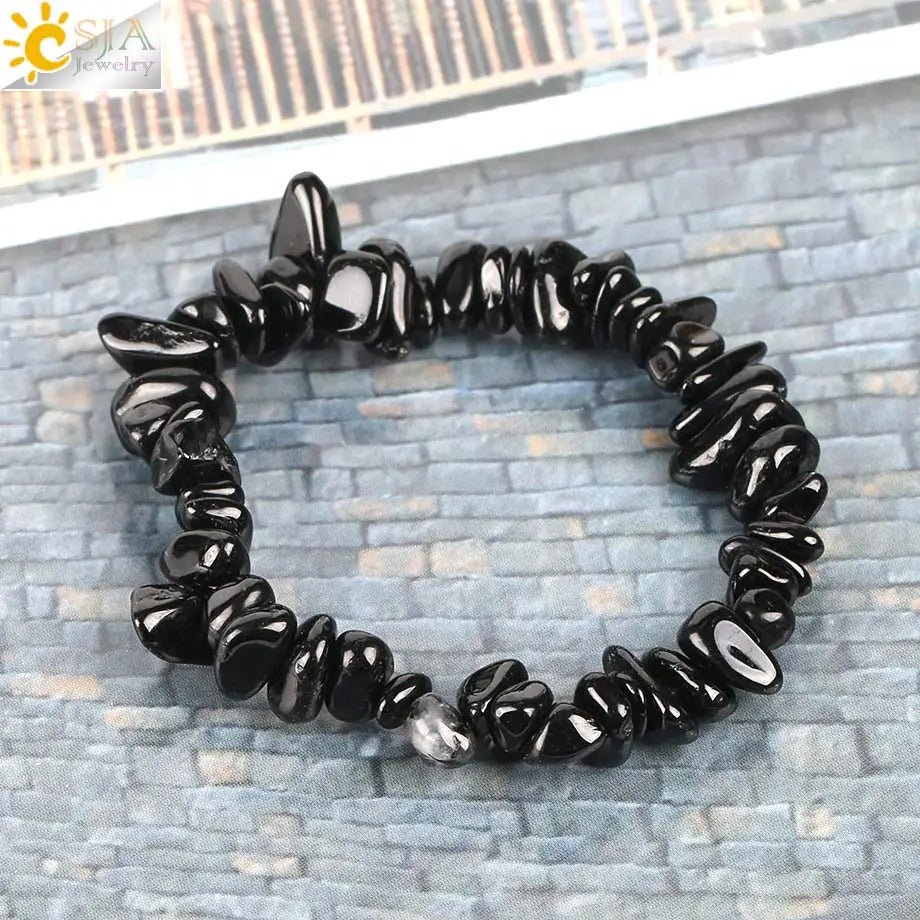 CSJA Black Tourmaline Bracelets for Women Crystal Bracelets Chip Beads Chakra Natural Gem Stone Reiki Healing Meditation E705 - Gemtopia