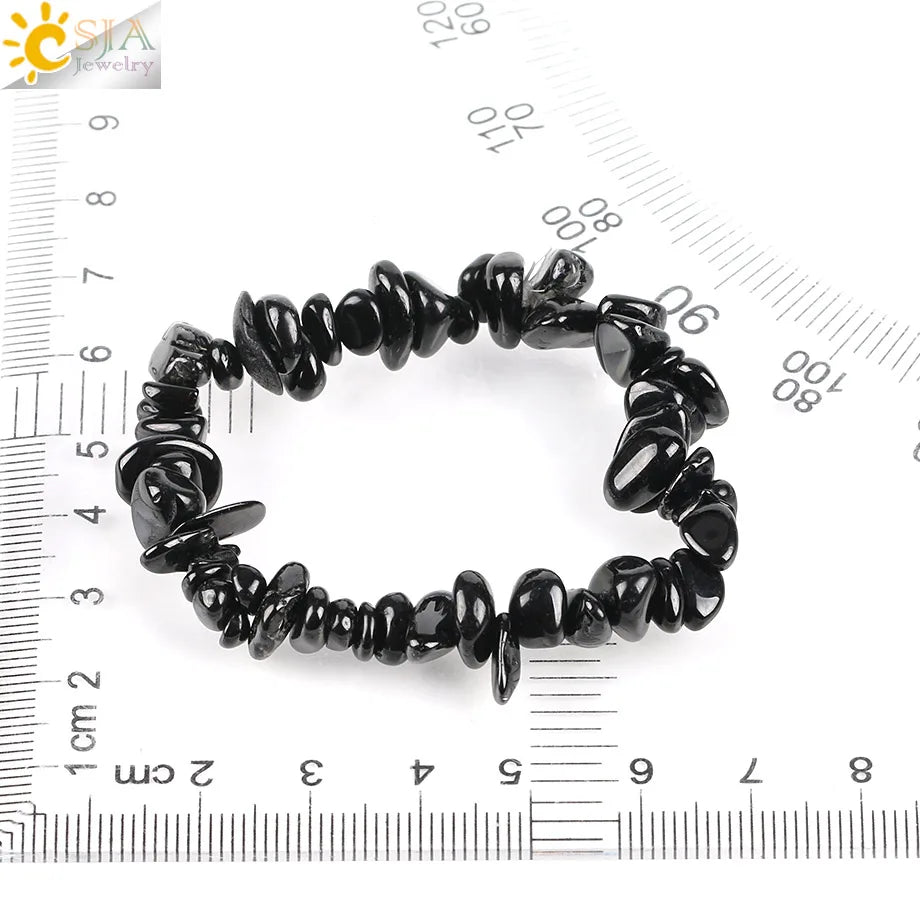 CSJA Black Tourmaline Bracelets for Women Crystal Bracelets Chip Beads Chakra Natural Gem Stone Reiki Healing Meditation E705 - Gemtopia