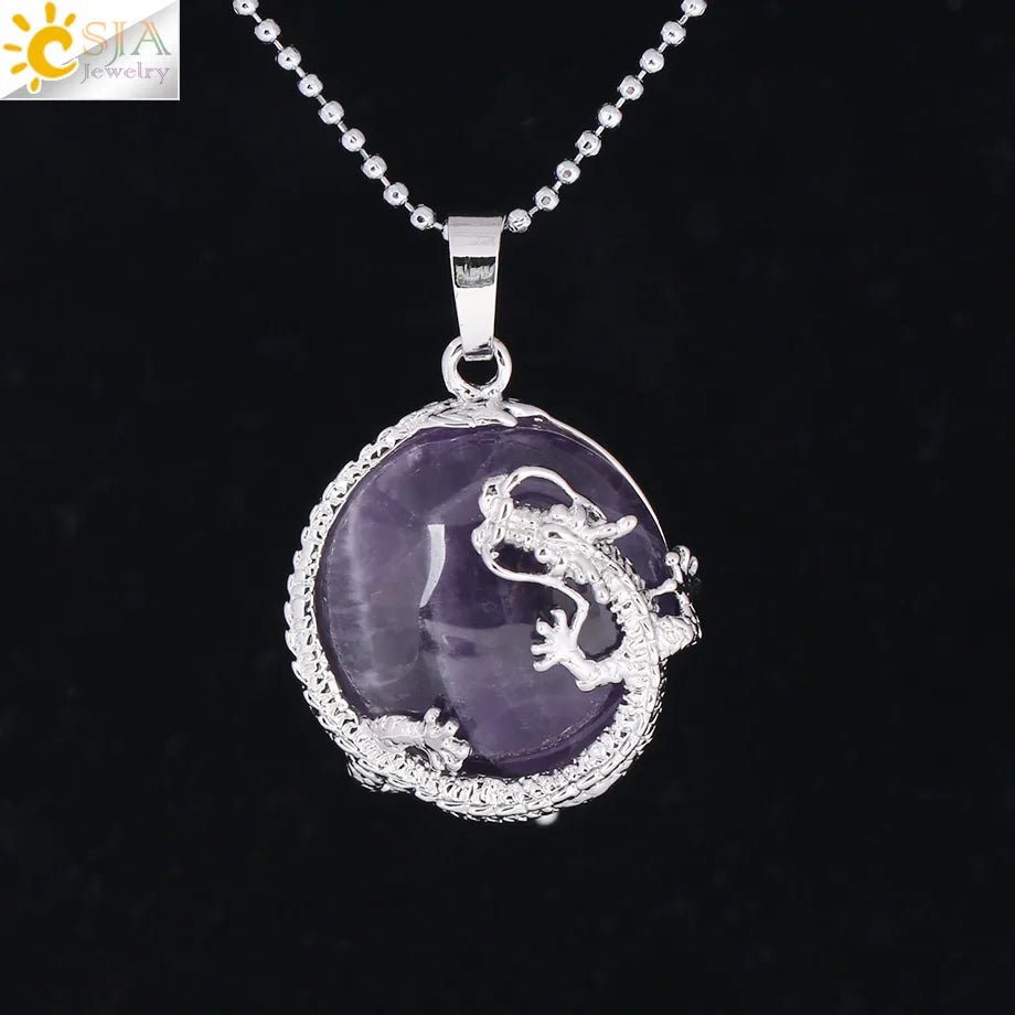 CSJA Necklaces Dragon Pendants Women Natural Stone Purple Crystal Pink Quartz Tiger Eye Lava Rock Flat Round Beads Fittings F304 - Gemtopia