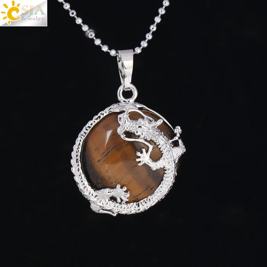 CSJA Necklaces Dragon Pendants Women Natural Stone Purple Crystal Pink Quartz Tiger Eye Lava Rock Flat Round Beads Fittings F304 - Gemtopia