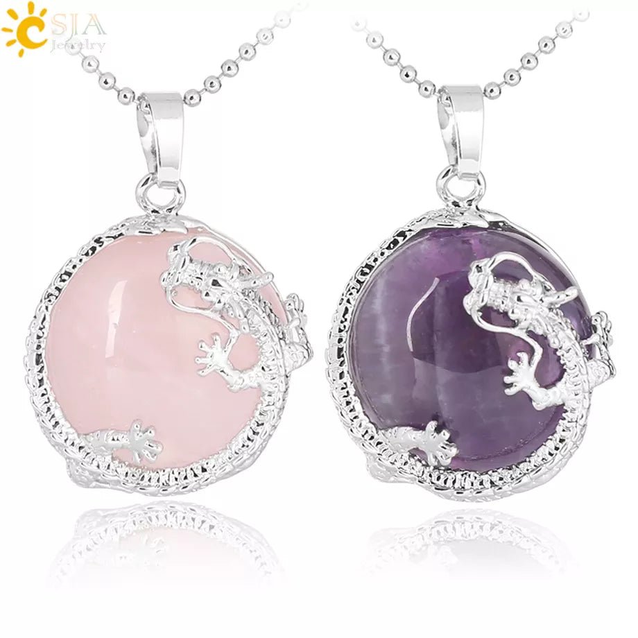 CSJA Necklaces Dragon Pendants Women Natural Stone Purple Crystal Pink Quartz Tiger Eye Lava Rock Flat Round Beads Fittings F304 - Gemtopia