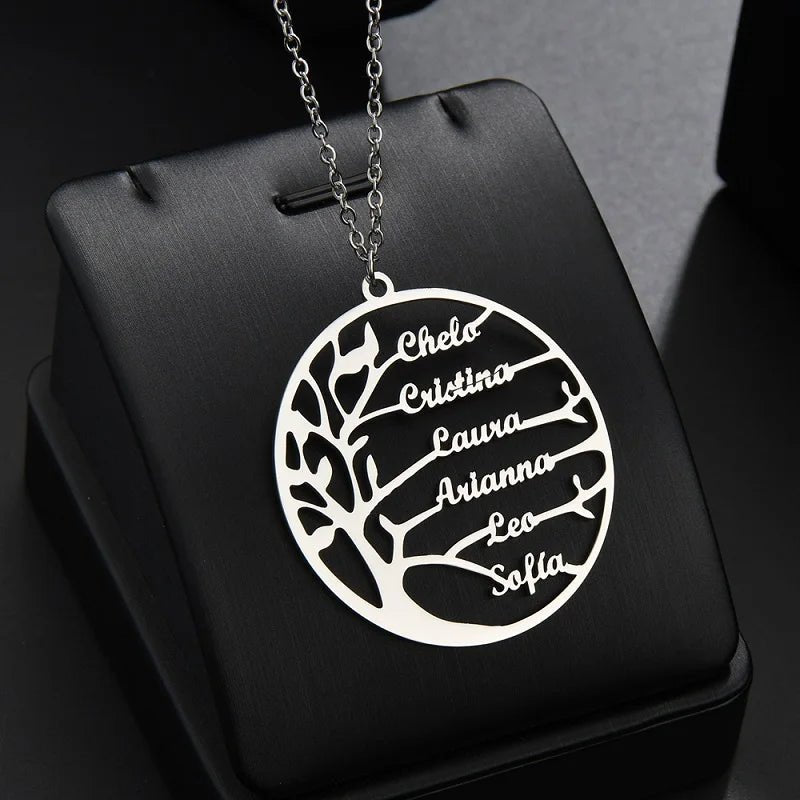 Custom Family Names Necklace Stainless Steel Personalized Name Pendant Tree Of Life 1 - 6 Names Birthstone For Women Birthday Gift - Gemtopia