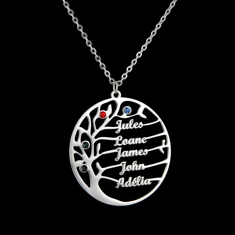 Custom Family Names Necklace Stainless Steel Personalized Name Pendant Tree Of Life 1 - 6 Names Birthstone For Women Birthday Gift - Gemtopia