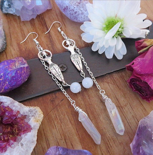 Moonstone And Angel Halo Quartz Wrap Earrings - Gemtopia