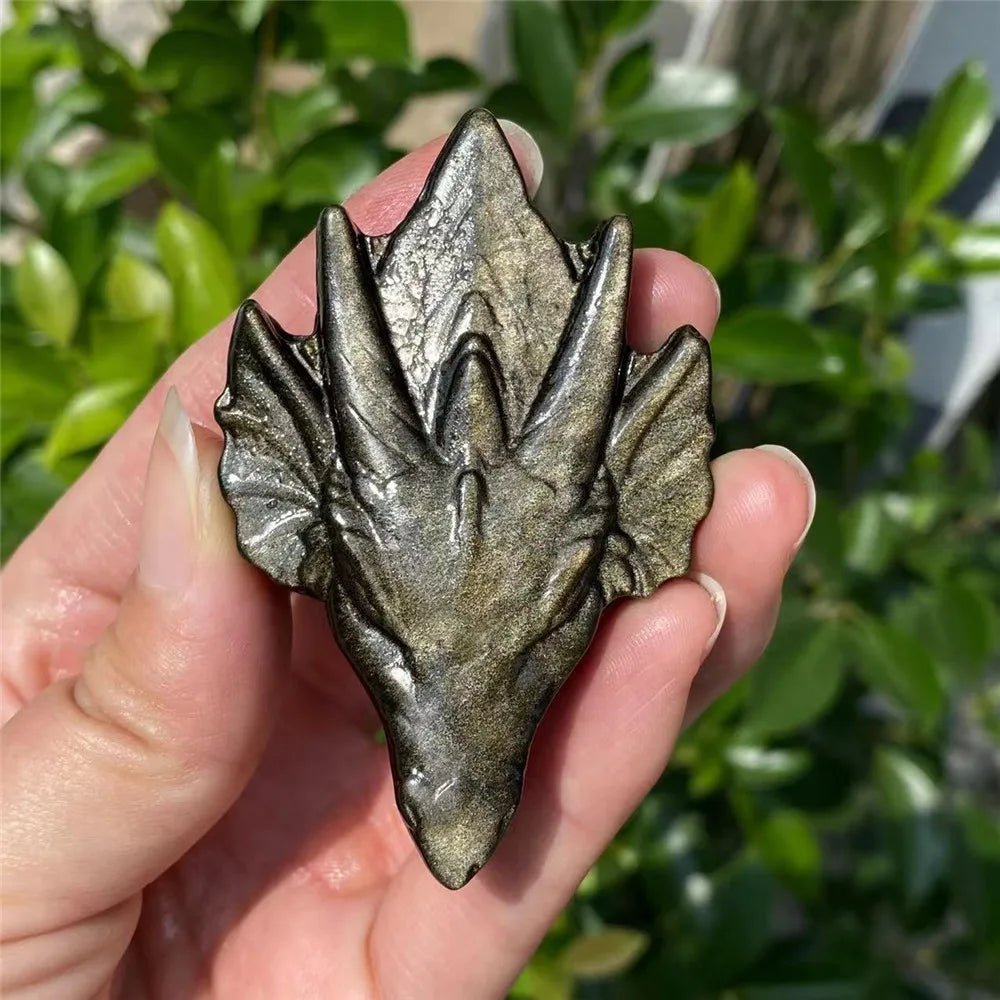 Natural Gold Obsidian Crystal Dragon Skull Mineral Ornaments Hand Carved Energy Healing Stone Reiki Home Decoration Crafts Gift - Gemtopia