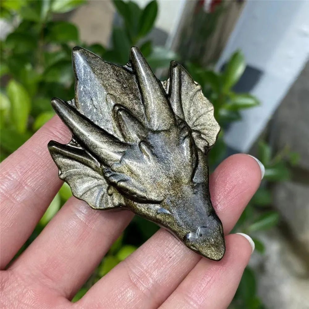 Natural Gold Obsidian Crystal Dragon Skull Mineral Ornaments Hand Carved Energy Healing Stone Reiki Home Decoration Crafts Gift - Gemtopia