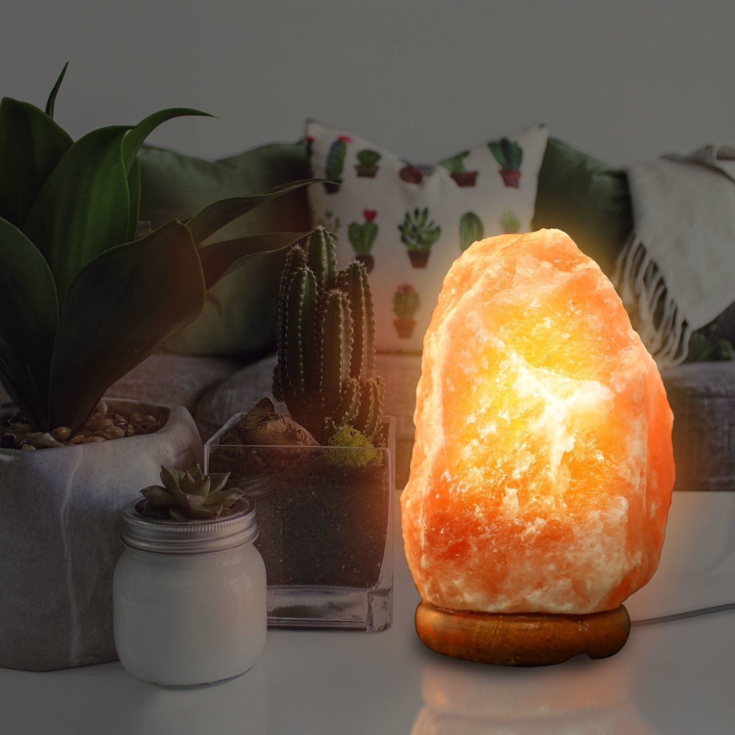 Salt Lamp Crystal Rock Salt Lamp with Dimmer Switch Hand Carved Table Lamps Night Light with Wood Base - Gemtopia