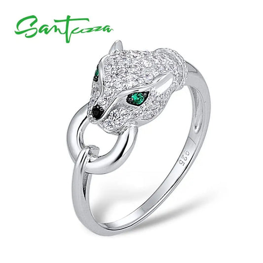 SANTUZZA 925 Sterling Silver Ring For Women Green Spinel White Cubic Zirconia Leopard Panther Rings Party Trendy Fine Jewelry - Gemtopia