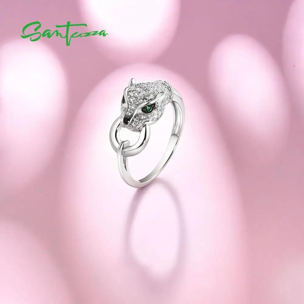 SANTUZZA 925 Sterling Silver Ring For Women Green Spinel White Cubic Zirconia Leopard Panther Rings Party Trendy Fine Jewelry - Gemtopia