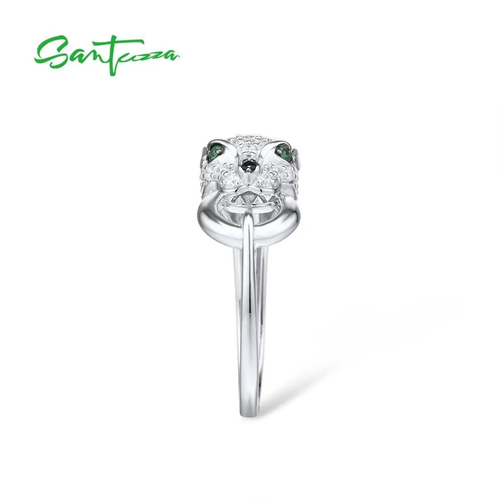 SANTUZZA 925 Sterling Silver Ring For Women Green Spinel White Cubic Zirconia Leopard Panther Rings Party Trendy Fine Jewelry - Gemtopia