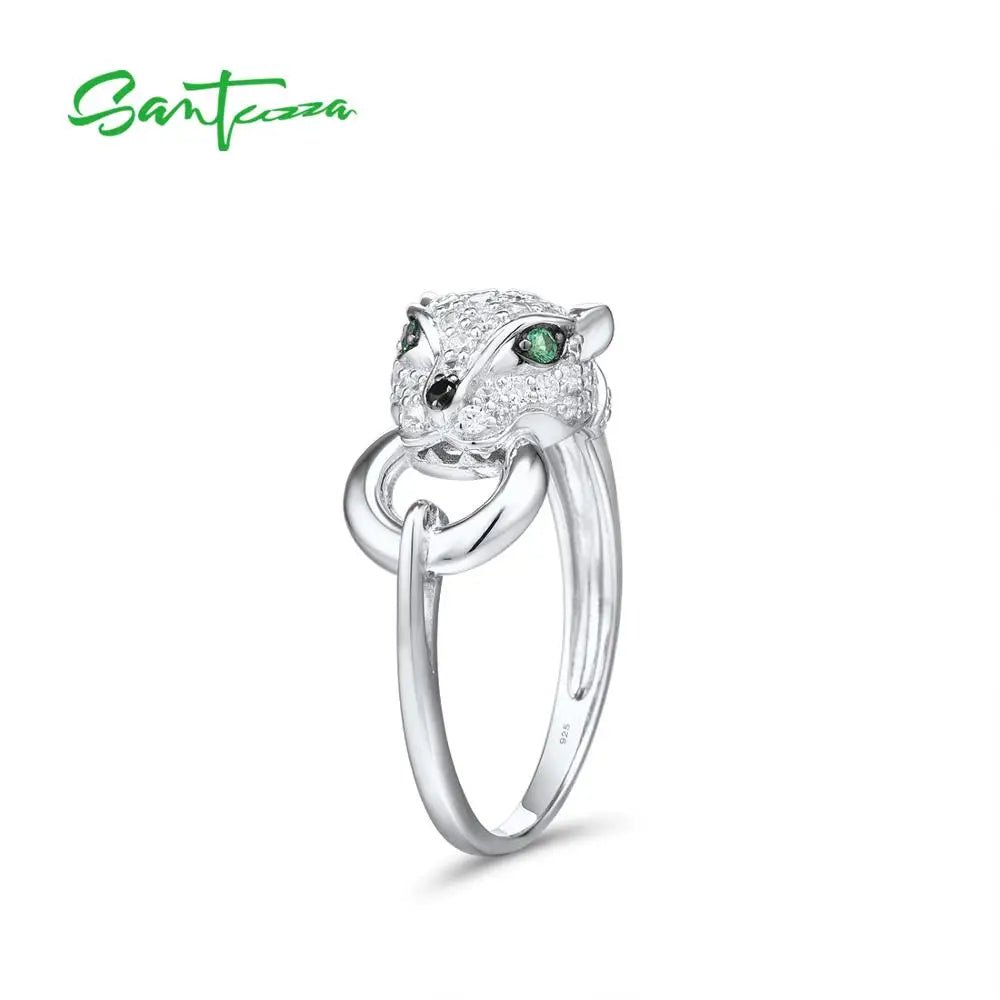 SANTUZZA 925 Sterling Silver Ring For Women Green Spinel White Cubic Zirconia Leopard Panther Rings Party Trendy Fine Jewelry - Gemtopia