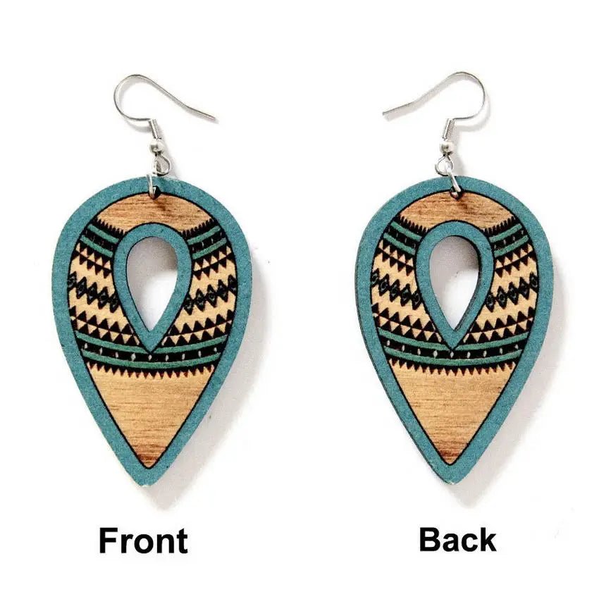 Southwest Wooden Aztec Diamond Teardrop Earrings for Women Retro Hollow Wood Jewelry Wholesale - Gemtopia