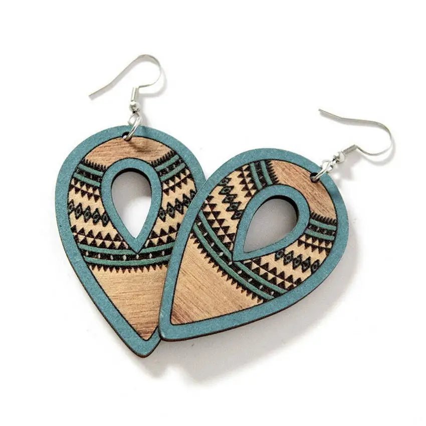 Southwest Wooden Aztec Diamond Teardrop Earrings for Women Retro Hollow Wood Jewelry Wholesale - Gemtopia