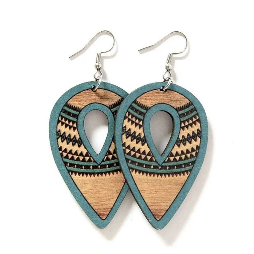 Southwest Wooden Aztec Diamond Teardrop Earrings for Women Retro Hollow Wood Jewelry Wholesale - Gemtopia