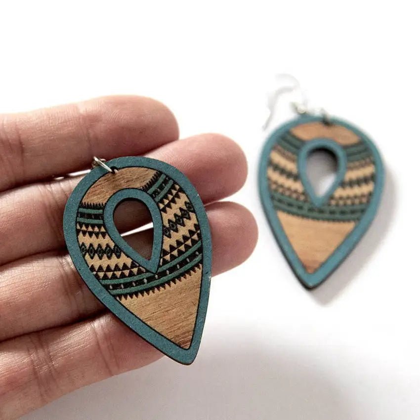 Southwest Wooden Aztec Diamond Teardrop Earrings for Women Retro Hollow Wood Jewelry Wholesale - Gemtopia