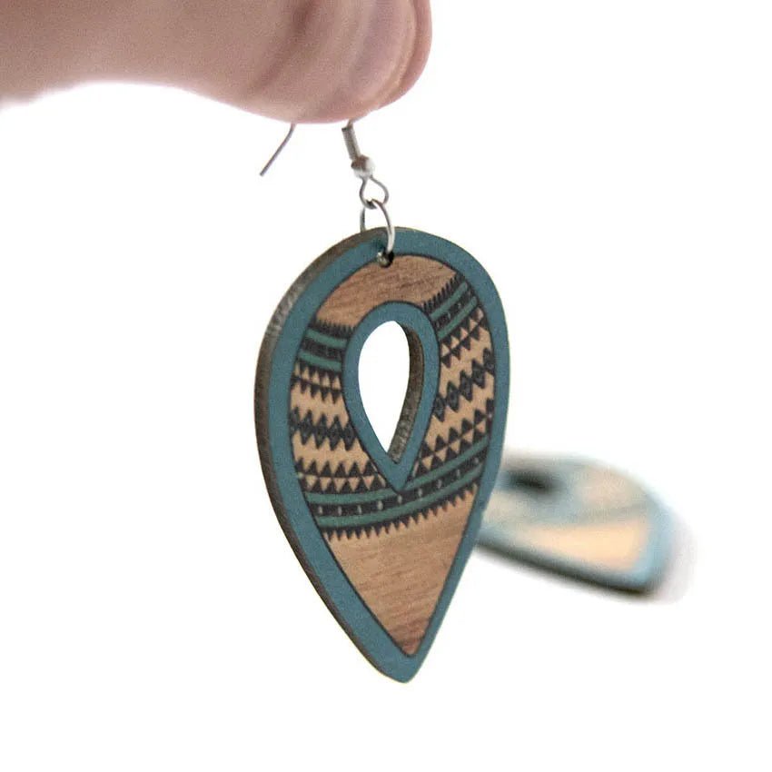 Southwest Wooden Aztec Diamond Teardrop Earrings for Women Retro Hollow Wood Jewelry Wholesale - Gemtopia