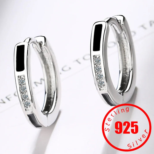 Stamp 925 Sterling Silver crystal Hoop Earrings Black Earring For Women Classic High Quality Jewelry New - Gemtopia