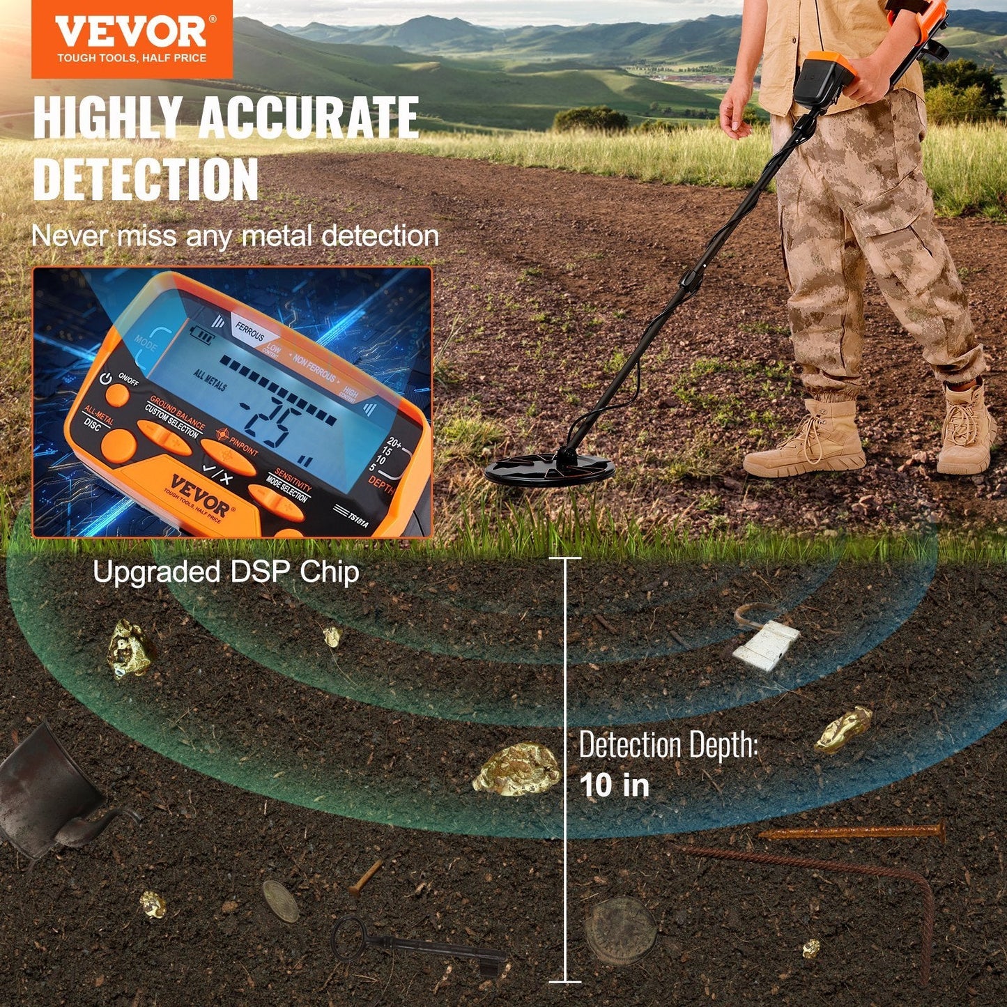 VEVOR Metal Detector for Adults & Kids, 10 Inch Waterproof Search Coil with LCD Display 7 Modes, Adjustable 41'' - 52'' Aluminum Stem, DSP Chip Higher Accuracy Gold Detector 10'' Detection Depth - Gemtopia