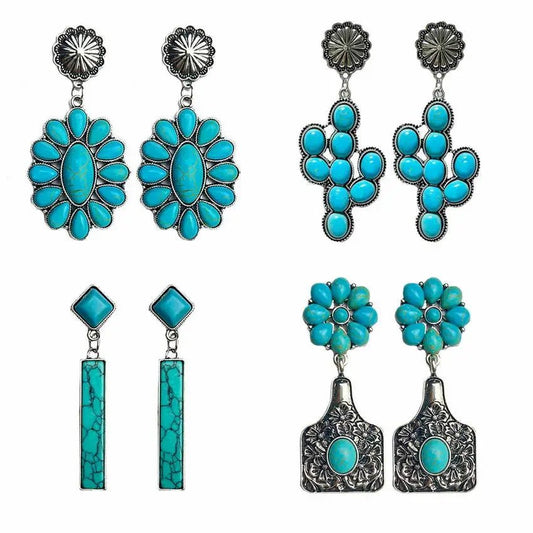 Western Beaded Turquoise Saguaro Cactus Earrings for Women Turquoise Cluster Flower Earrings Southwest Jewelry Wholesale - Gemtopia